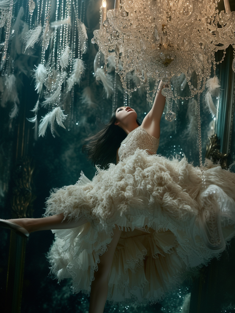 Japanese Model in Extravagant Gown on Chandelier