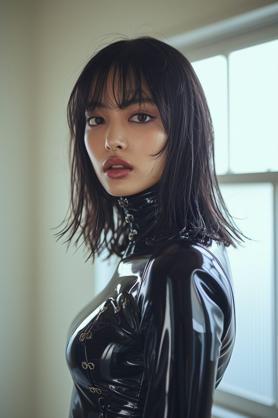 Japanese model in shiny black latex