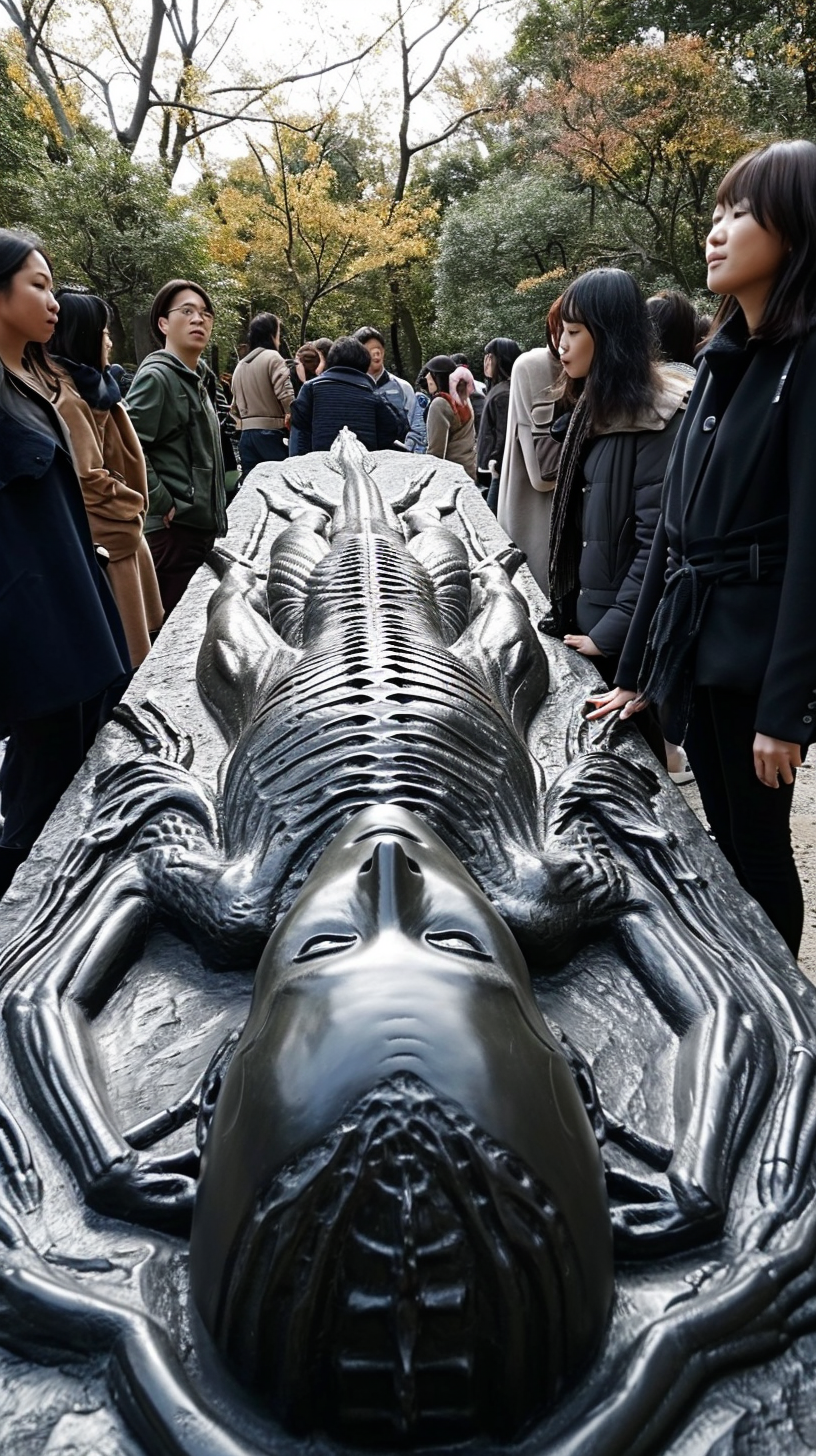 Japanese people amazed by long sculpture