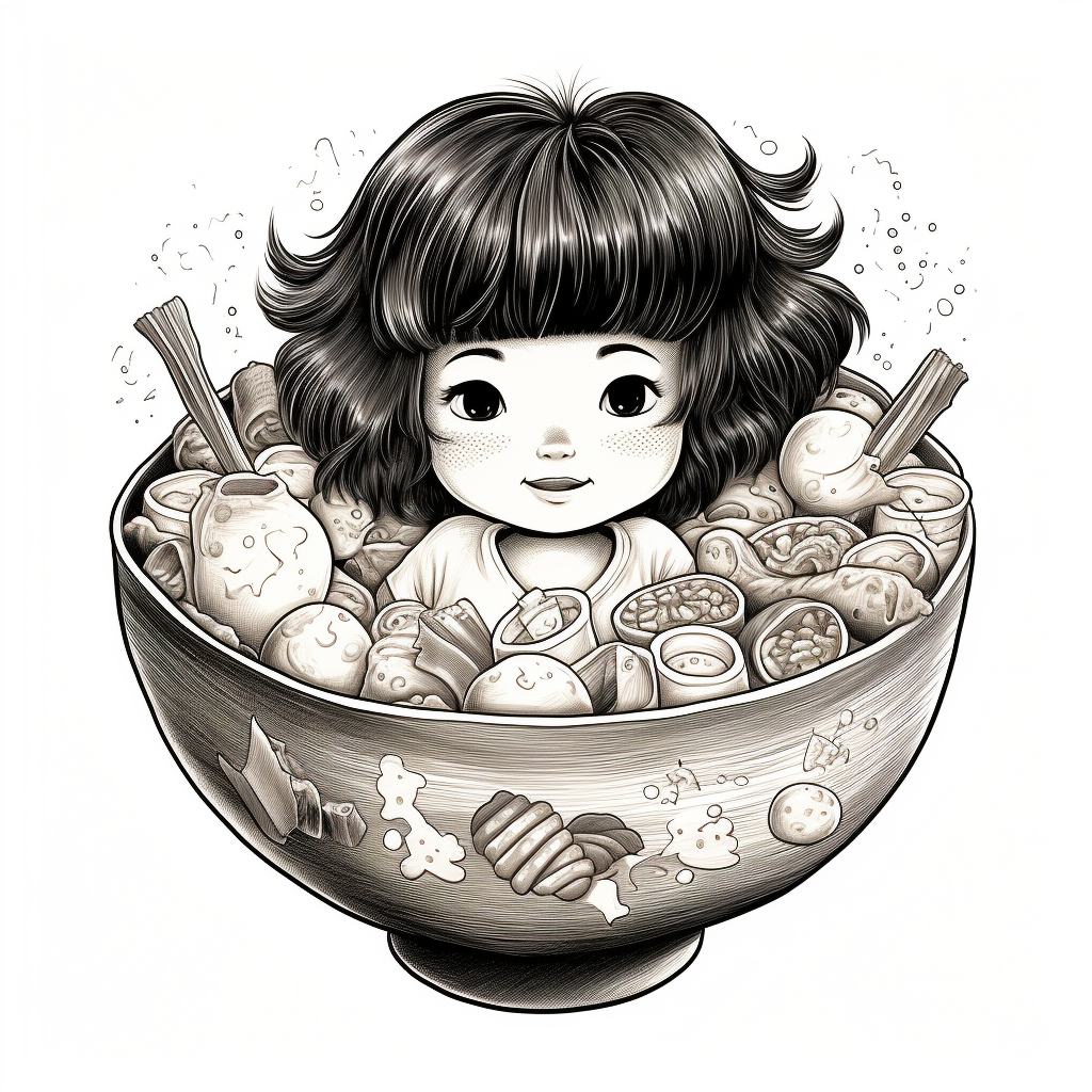 Illustration of Japanese small girl in ramen bowl