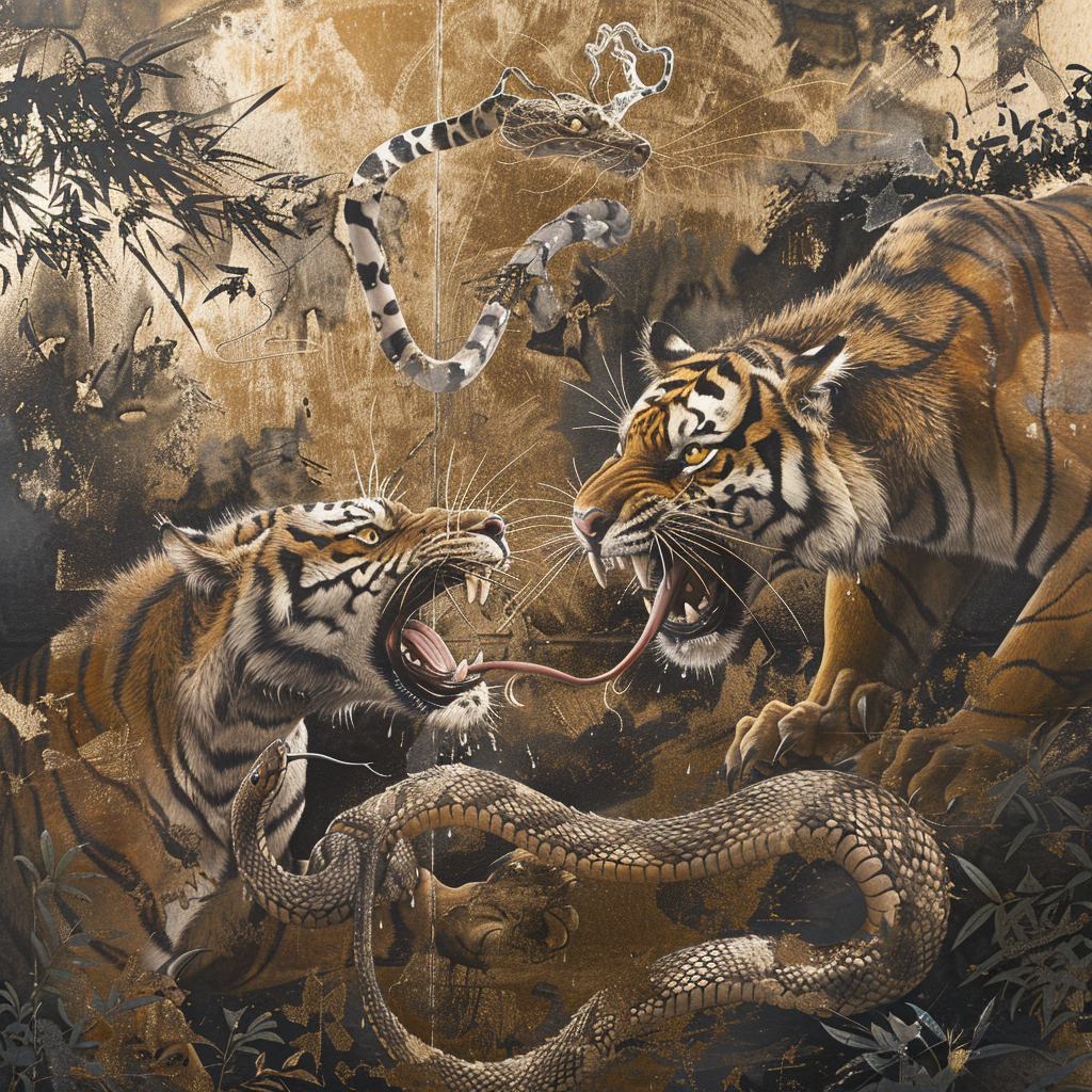 Tiger fighting snake illustration