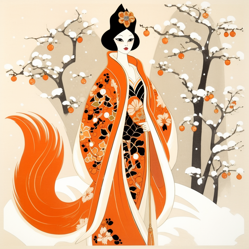 Beautiful Japanese Winter Kitsune Lady in Snow