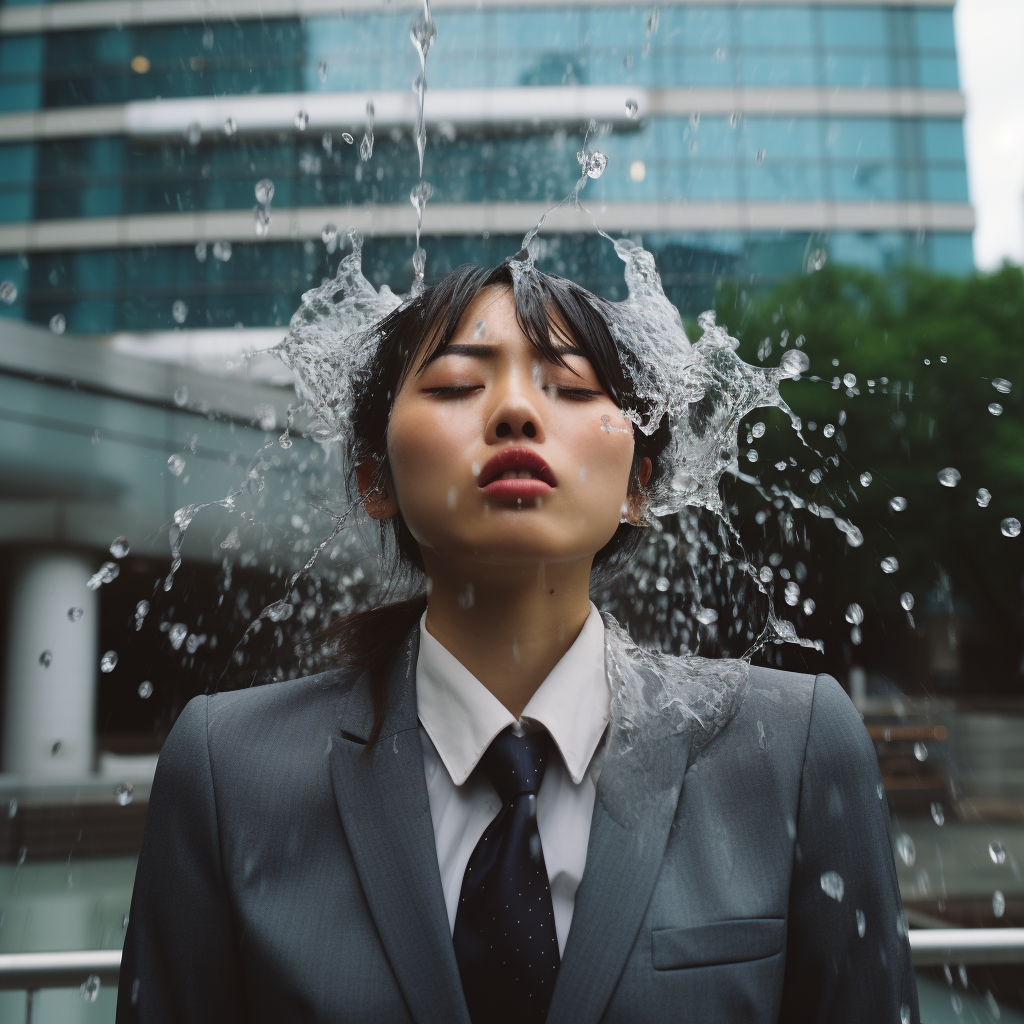 Japanese woman in business suit with water on head