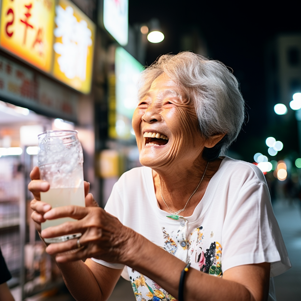 Happy Japanese woman enjoying a drink outdoors