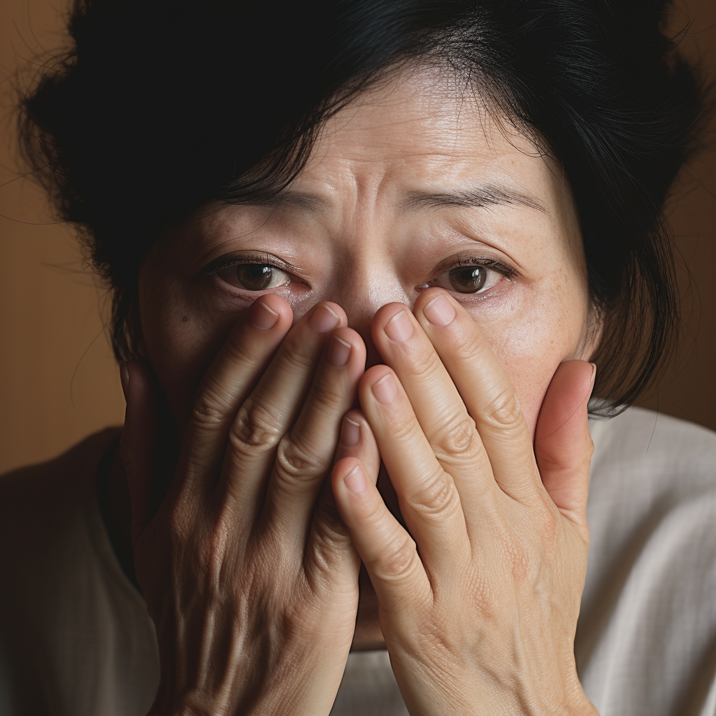 Japanese woman mother with eyebrow wrinkle