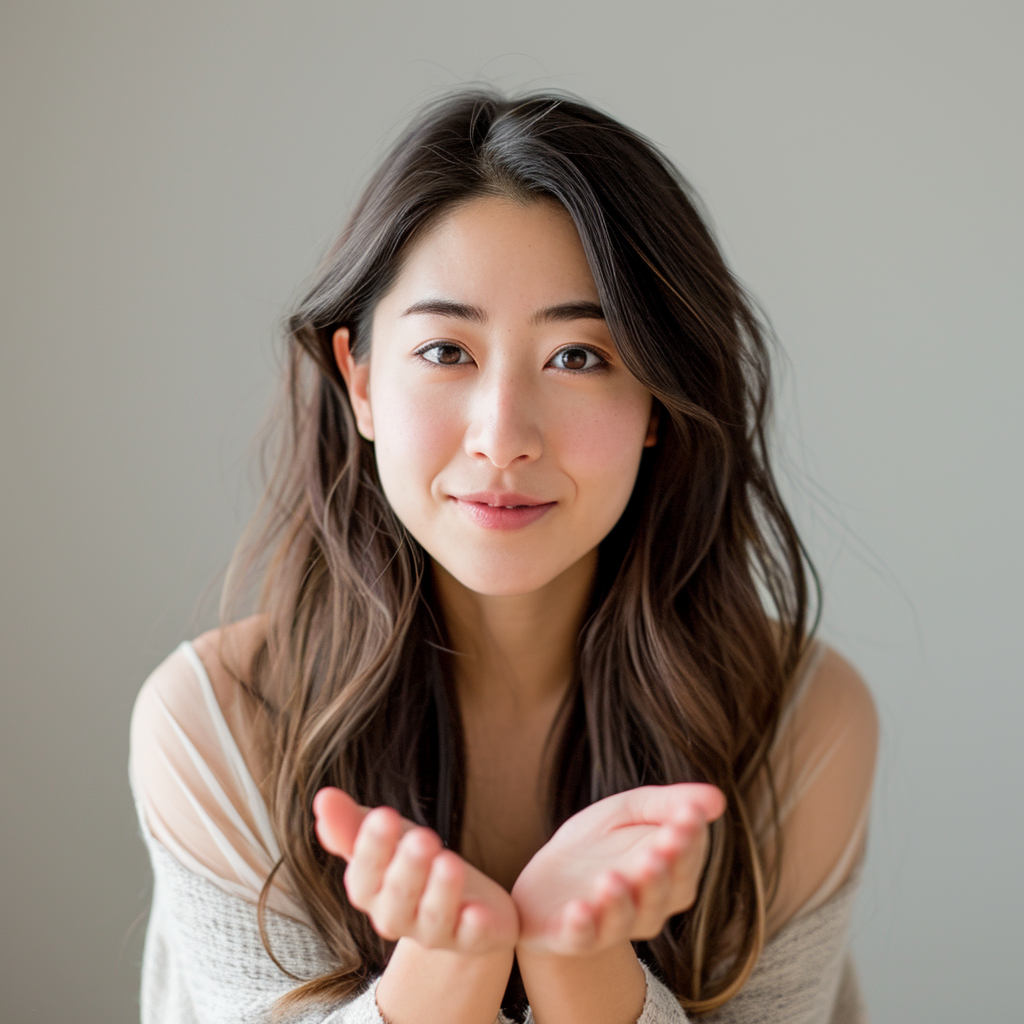 Japanese woman presenting cupped hands