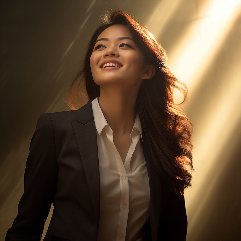 Japanese woman in suit with radiant smile