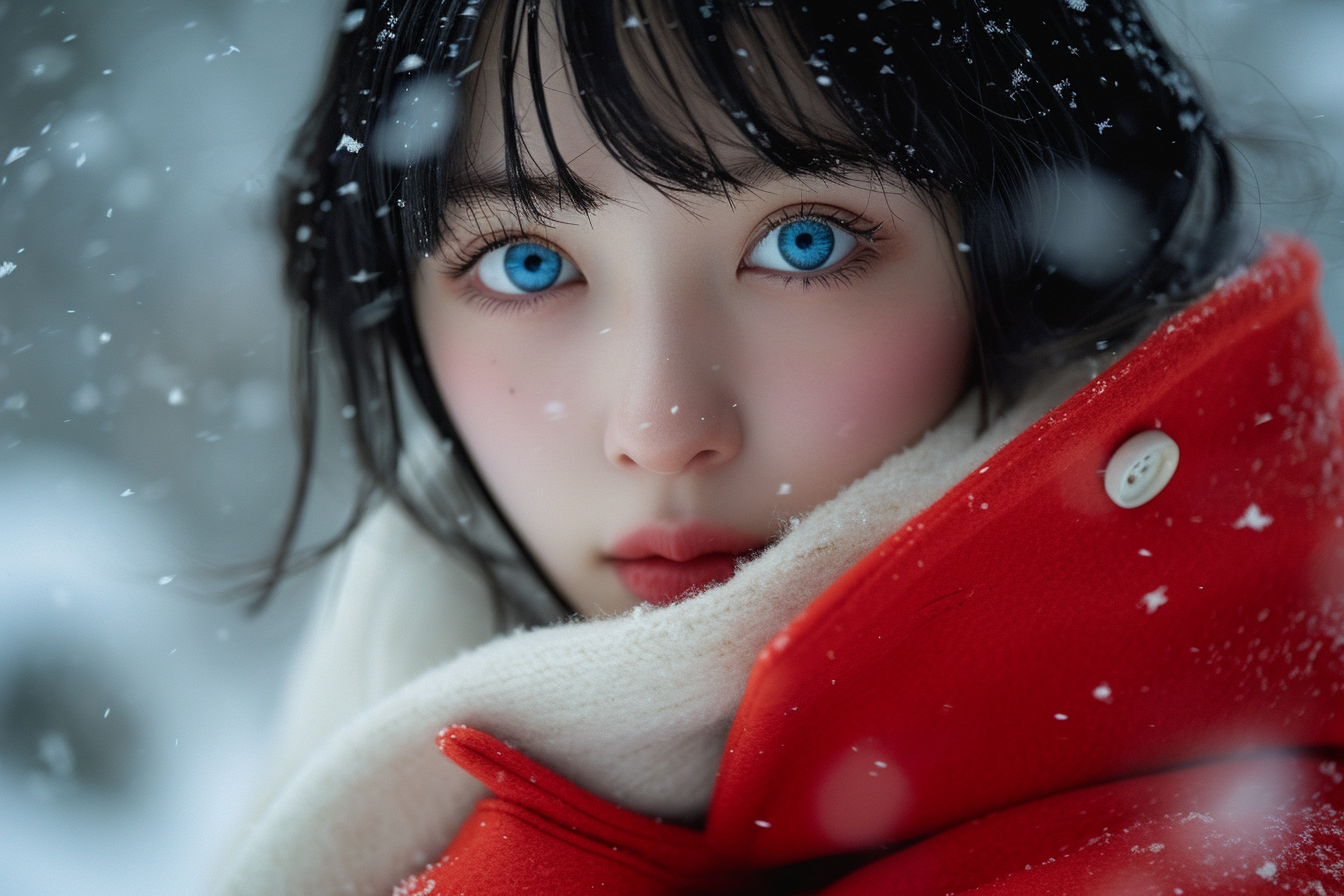 Japanese woman in snowstorm with red coat