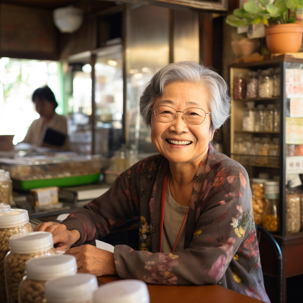 Elderly Japanese woman smiling in café with supplements