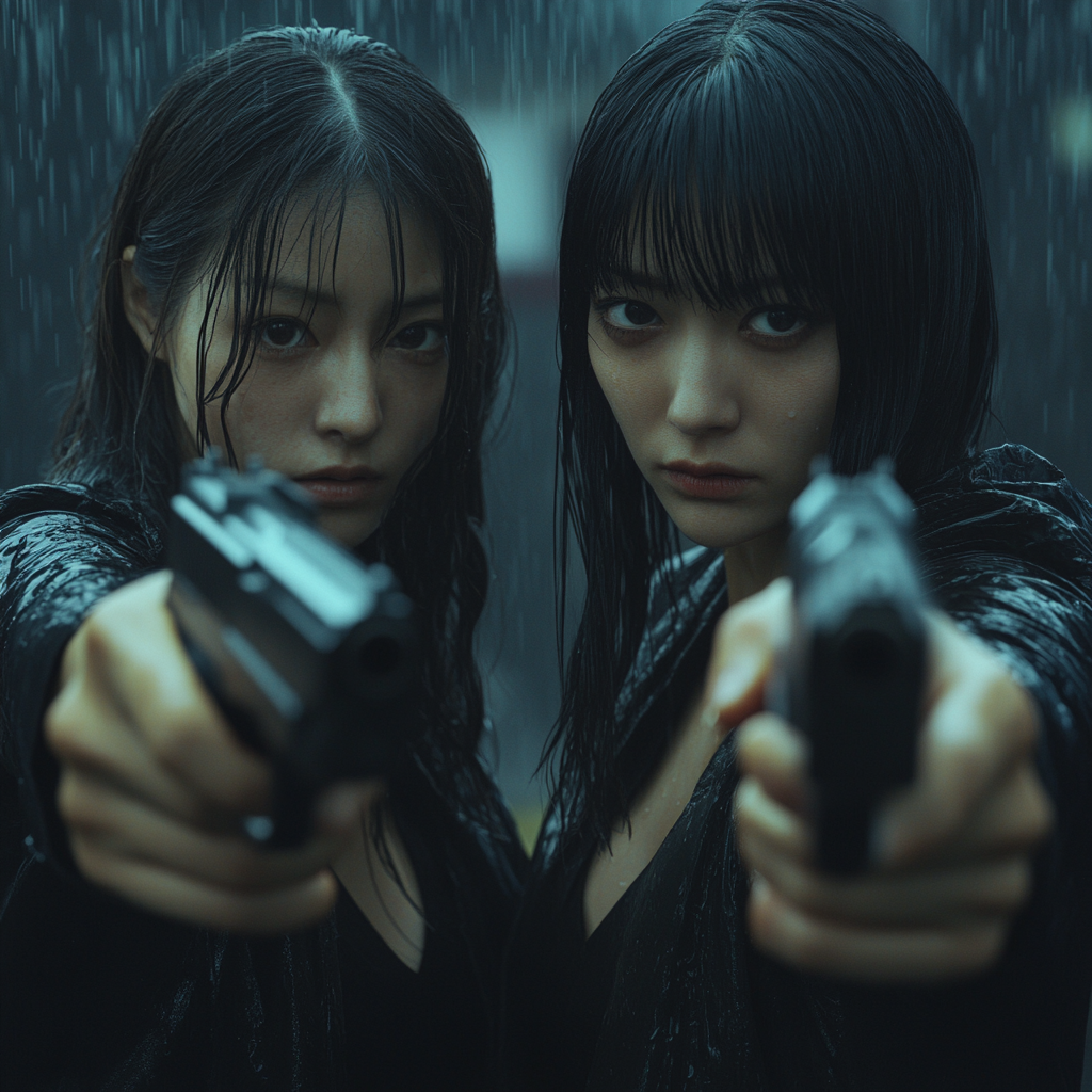 Two Japanese women pointing guns