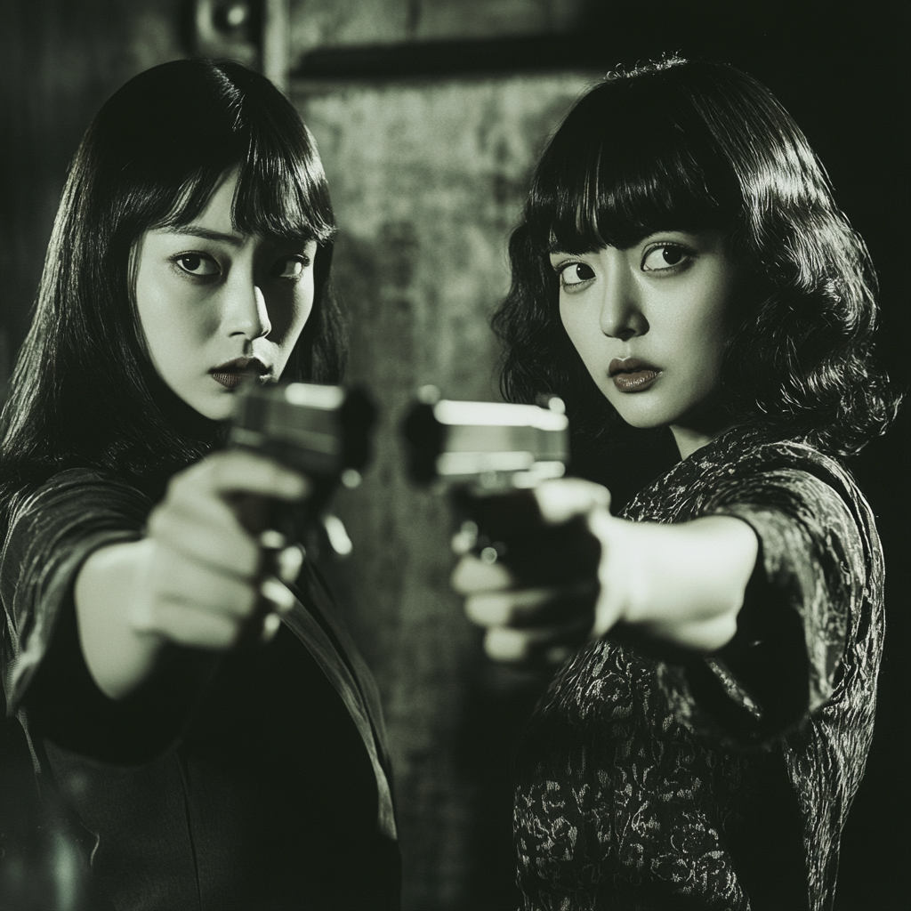 Two Japanese women pointing guns