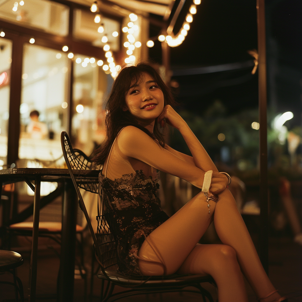 Japanese woman sitting on chair smiling legs