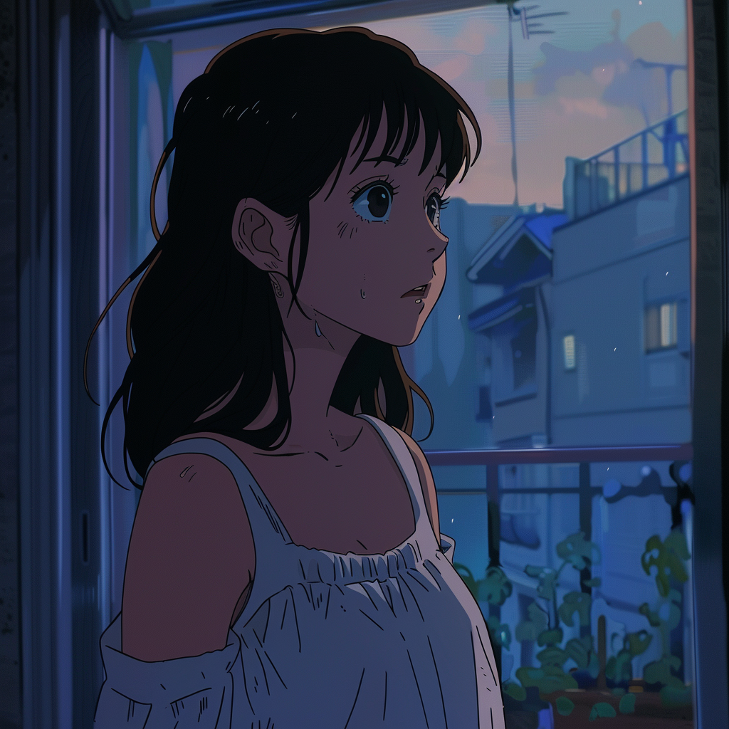 Sad young woman in Japanimation style