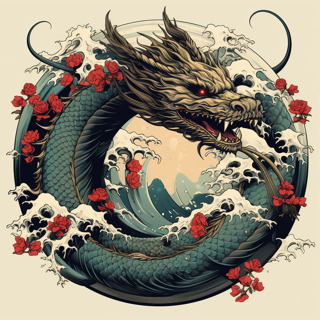 Japanese dragon circling and eating its tail