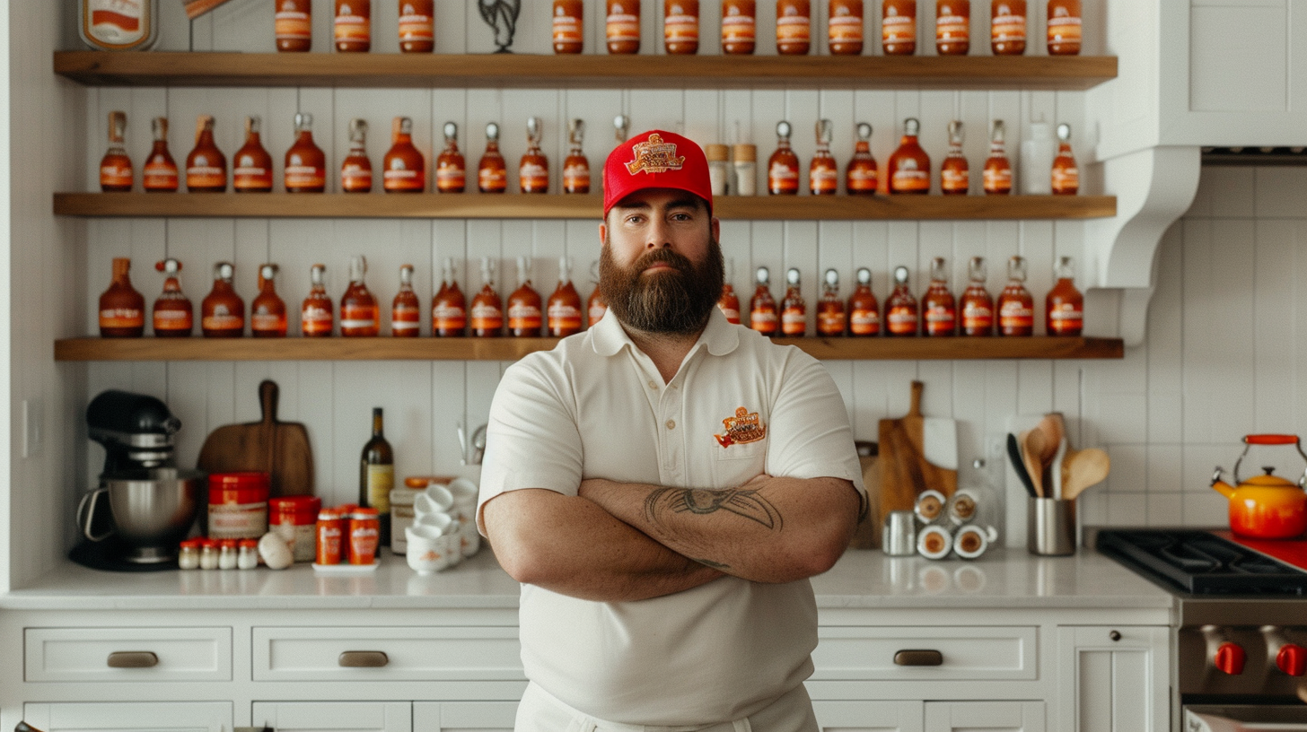 Jason Kelce in White Kitchen with Hot Sauce