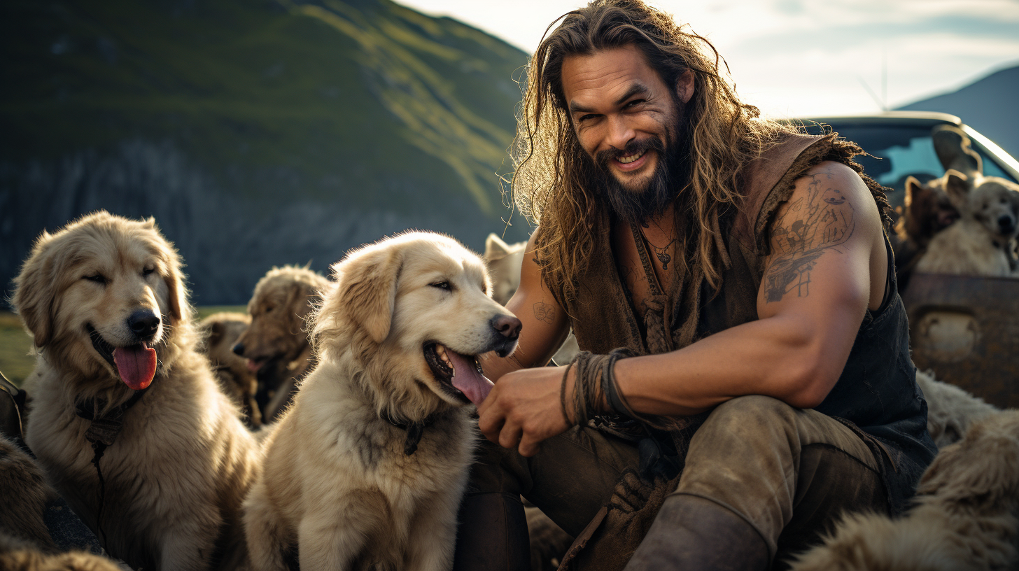 Smiling Jason Momoa with Golden Retriever Puppies