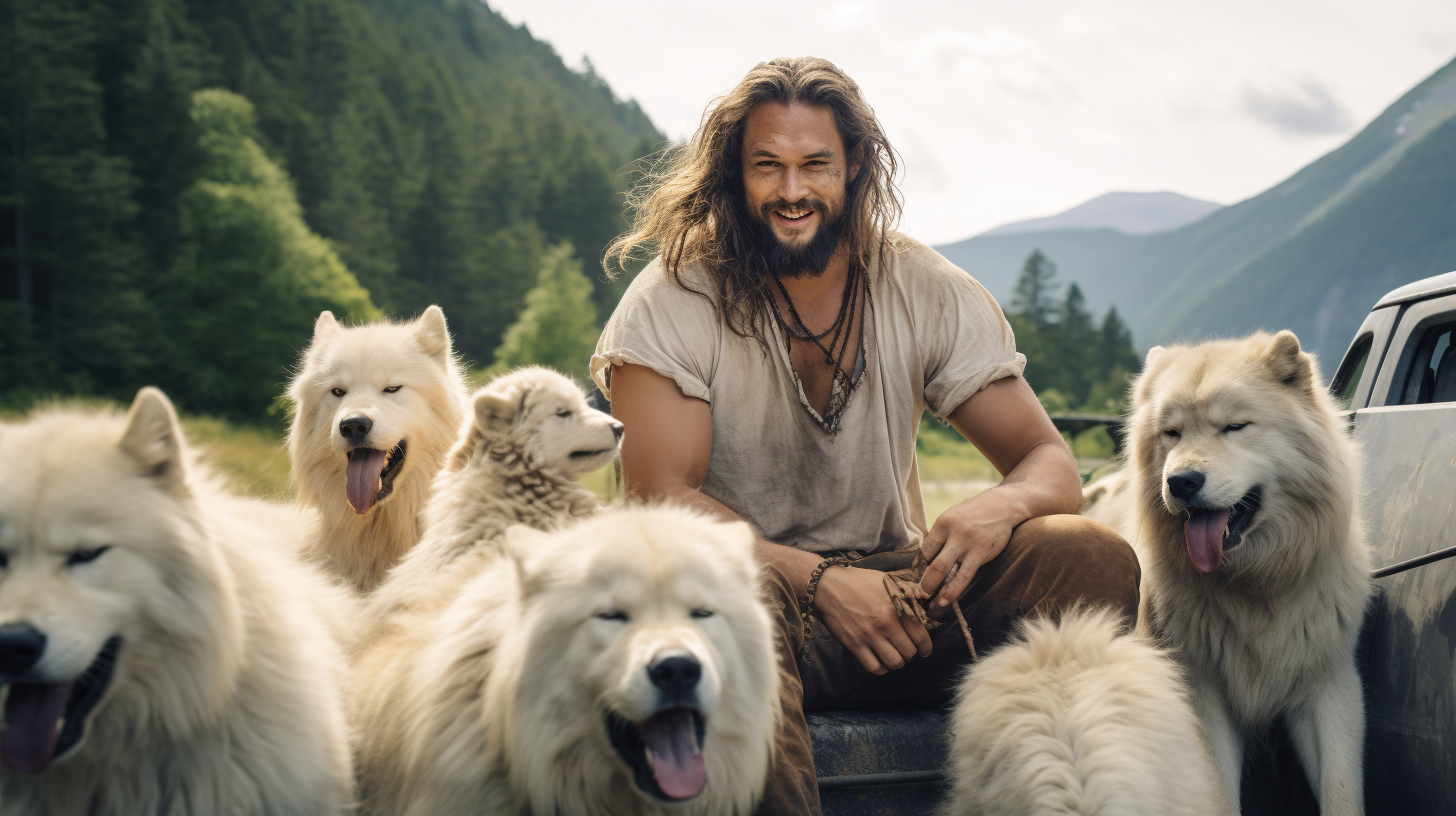 Happy Jason Momoa with Golden Retriever Puppies