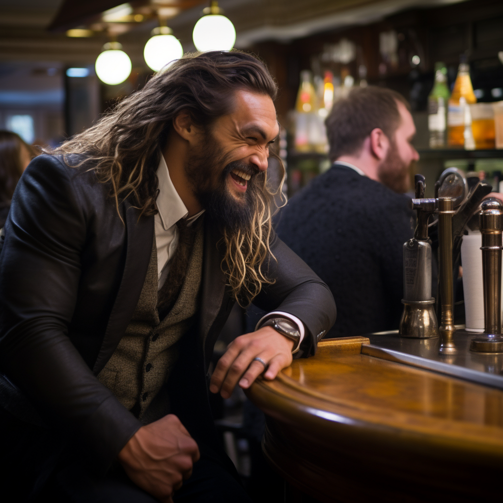 Jason Momoa and King Charles III laughing at the bar