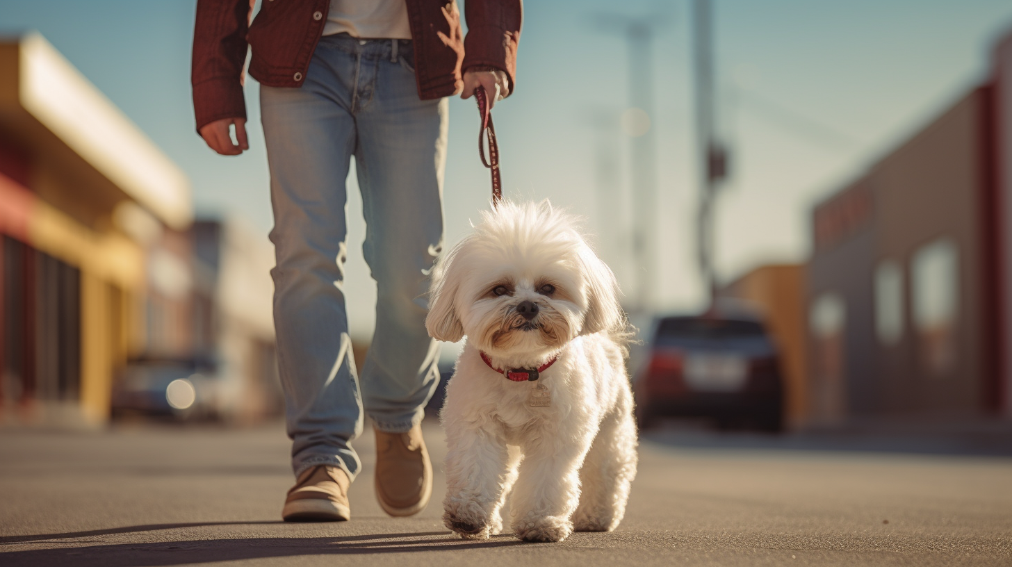 Jason Laflore walking a Maltipoo down the street