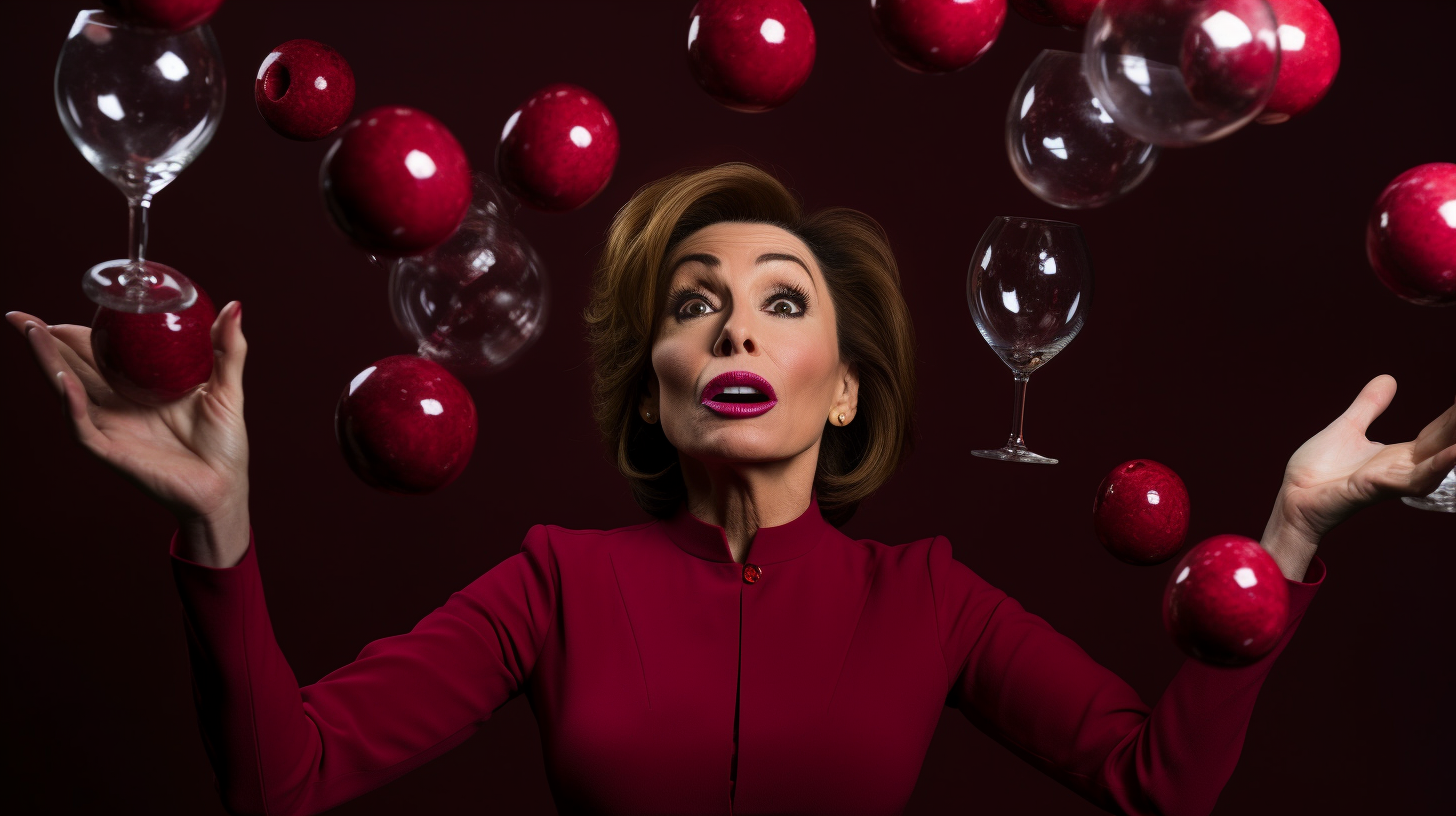 Jeanine Pirro juggling red wine glasses