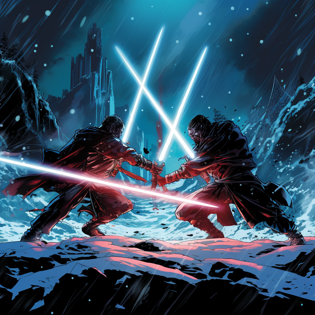 Extreme close-up of Jedi warriors dueling