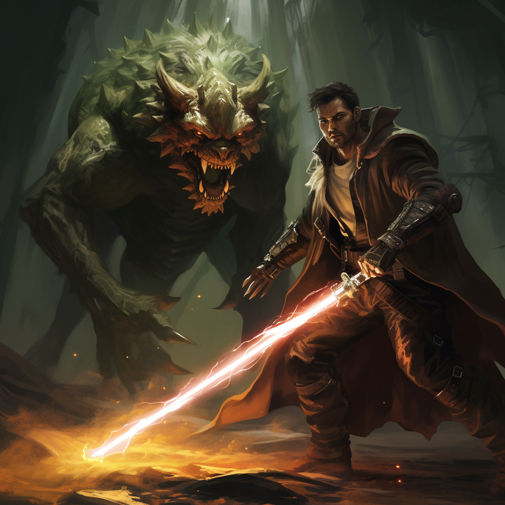 Jedi fighting Deathclaw with Light Saber