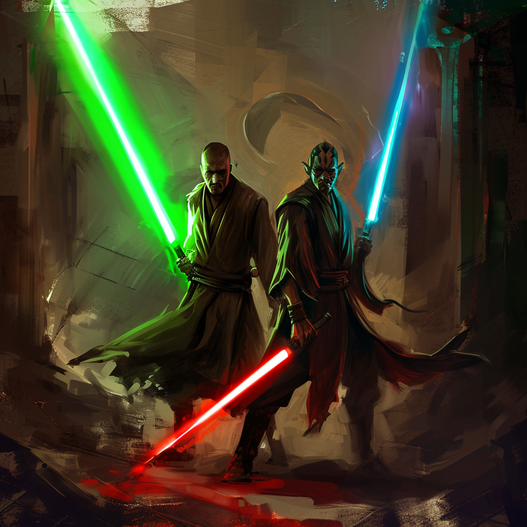 Jedi Pasha and Marat with lightsabers in magic cave