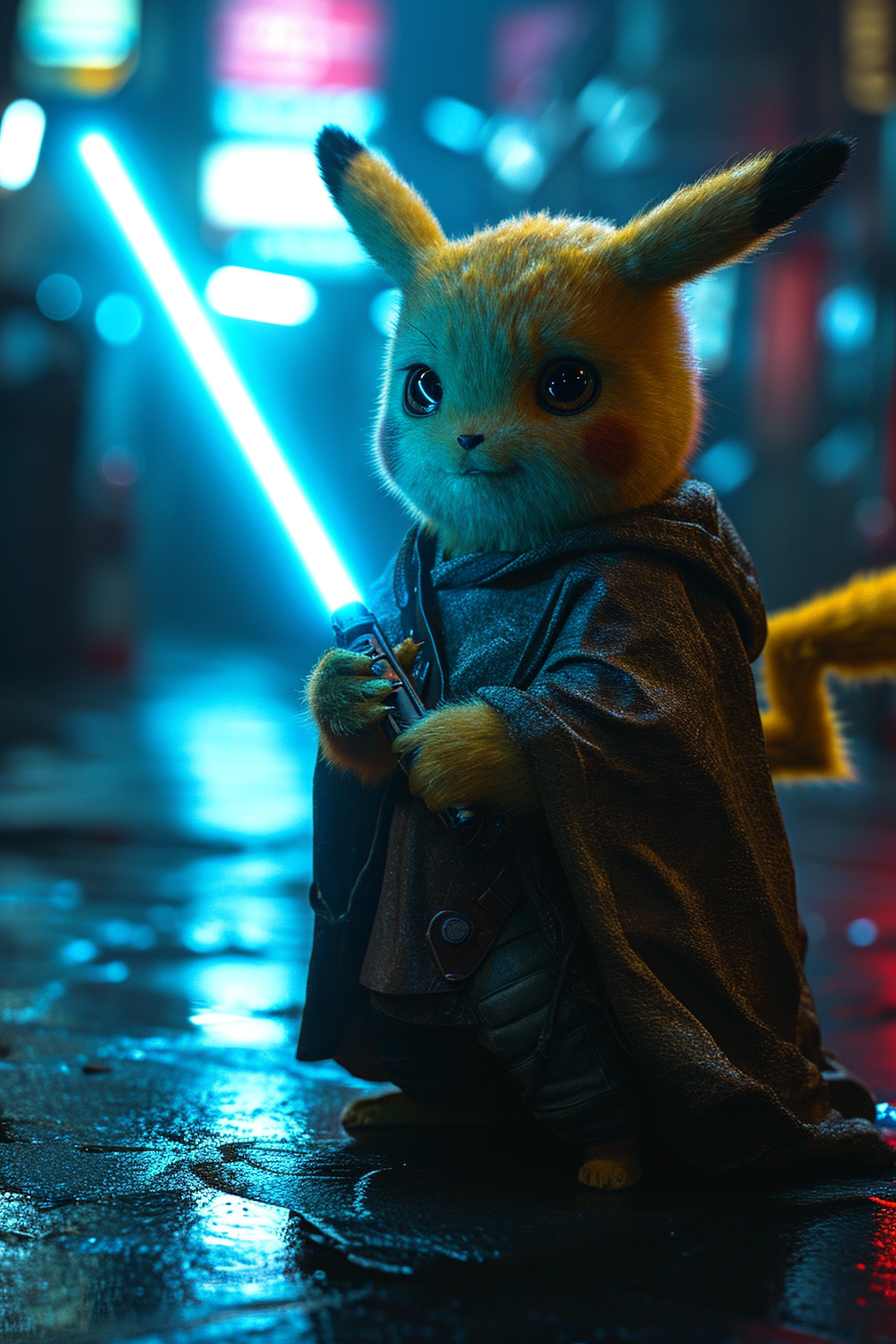 Jedi Pikachu with a glowing lightsaber