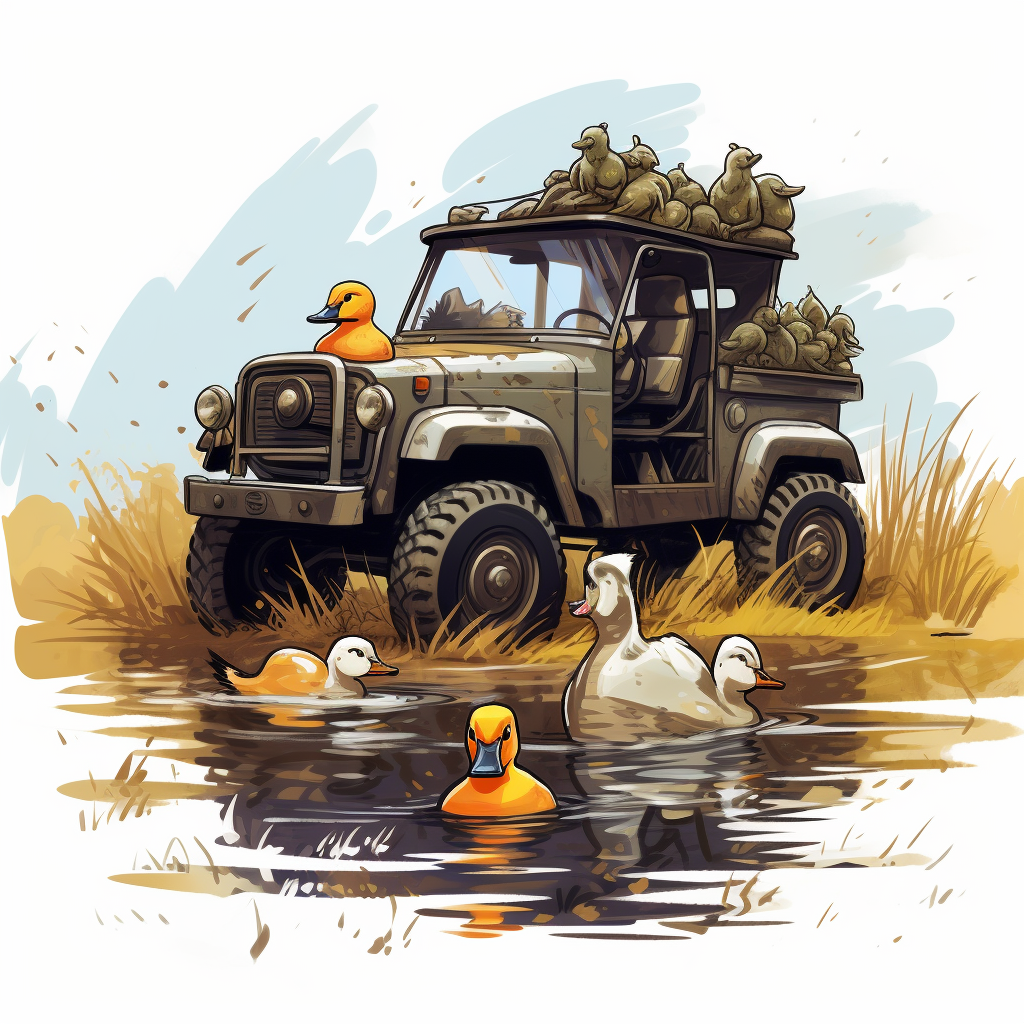 Illustration of Jeep and ducks amidst nature