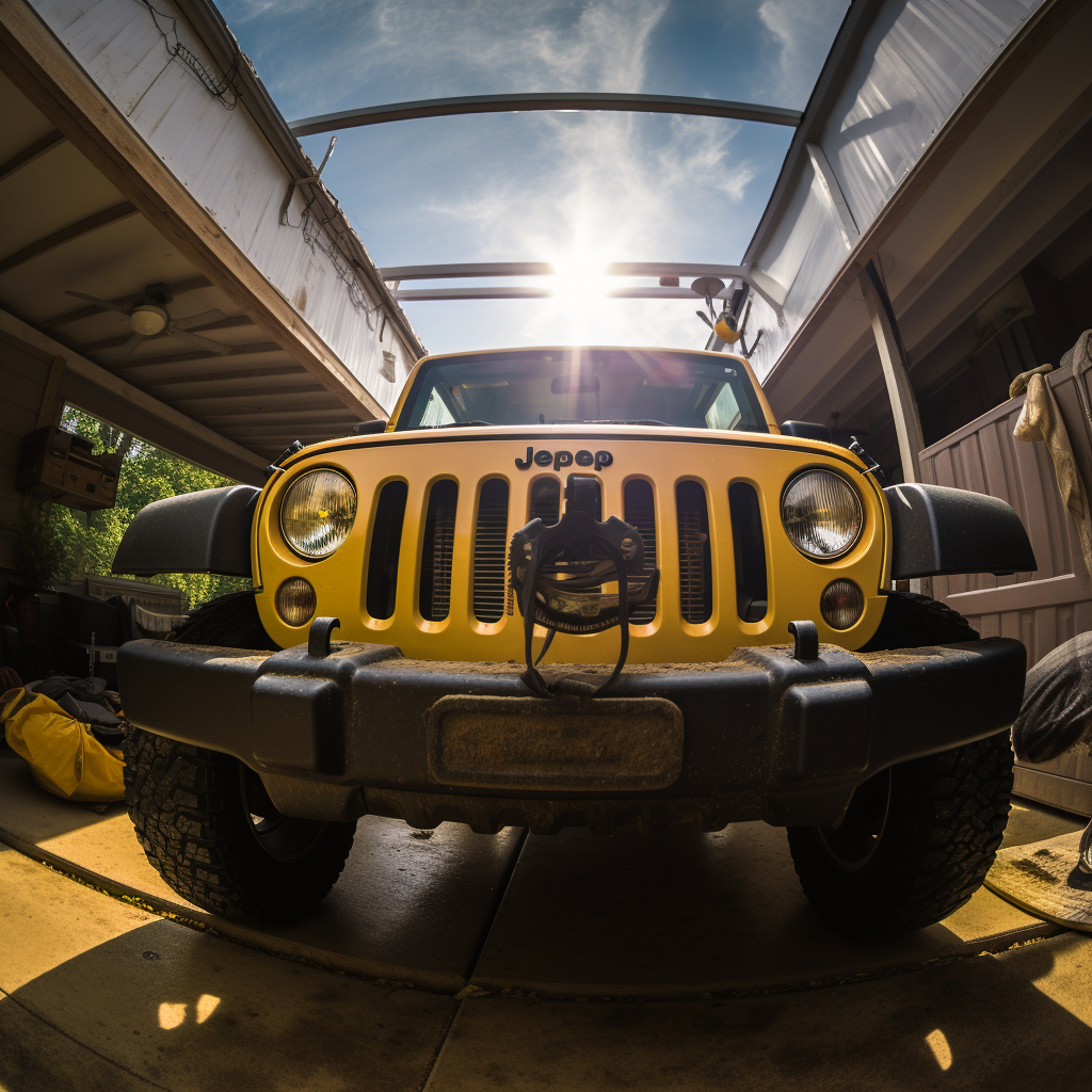 Jeep in garage with sunglasses on windshield