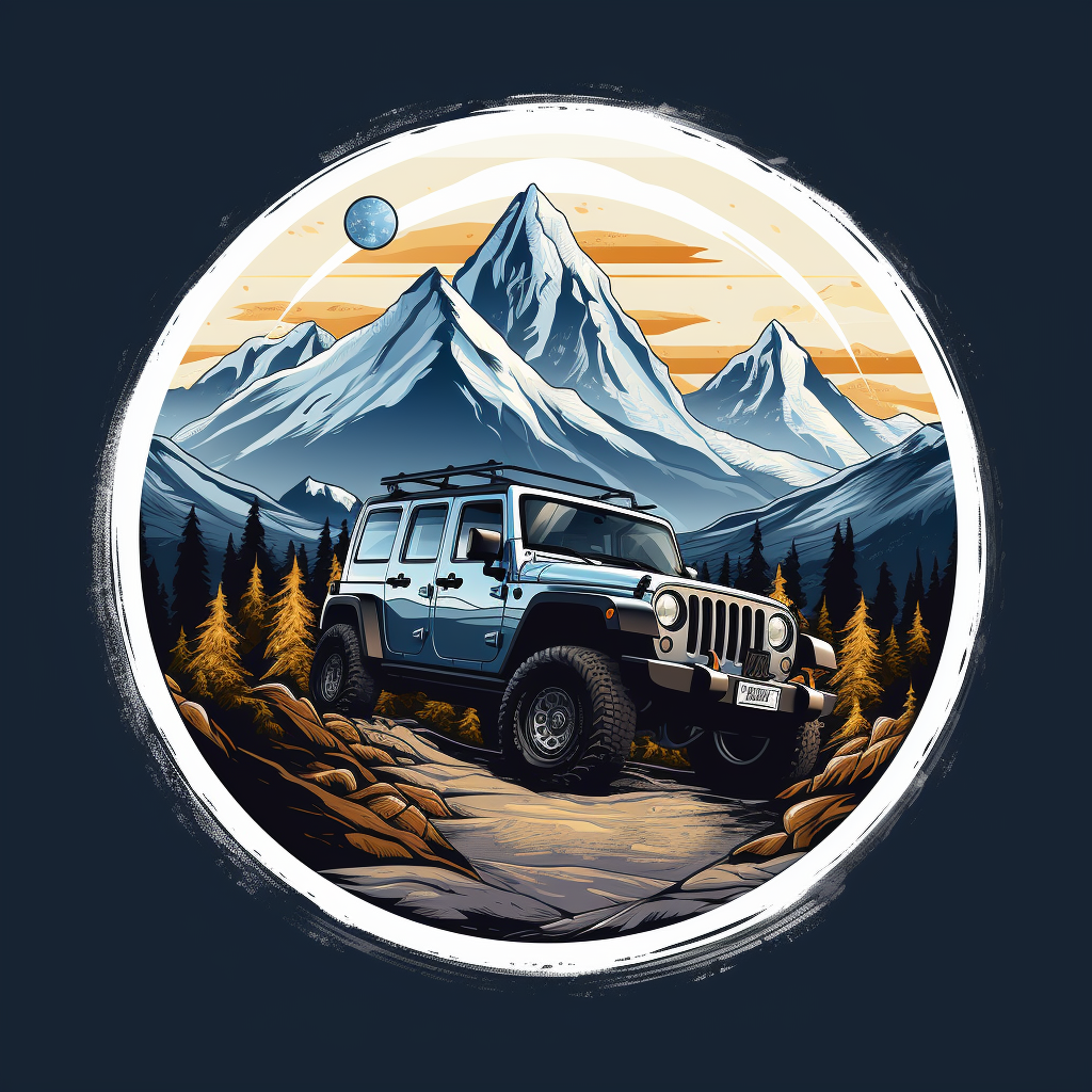 Jeep driving in snowy mountains with circular logo