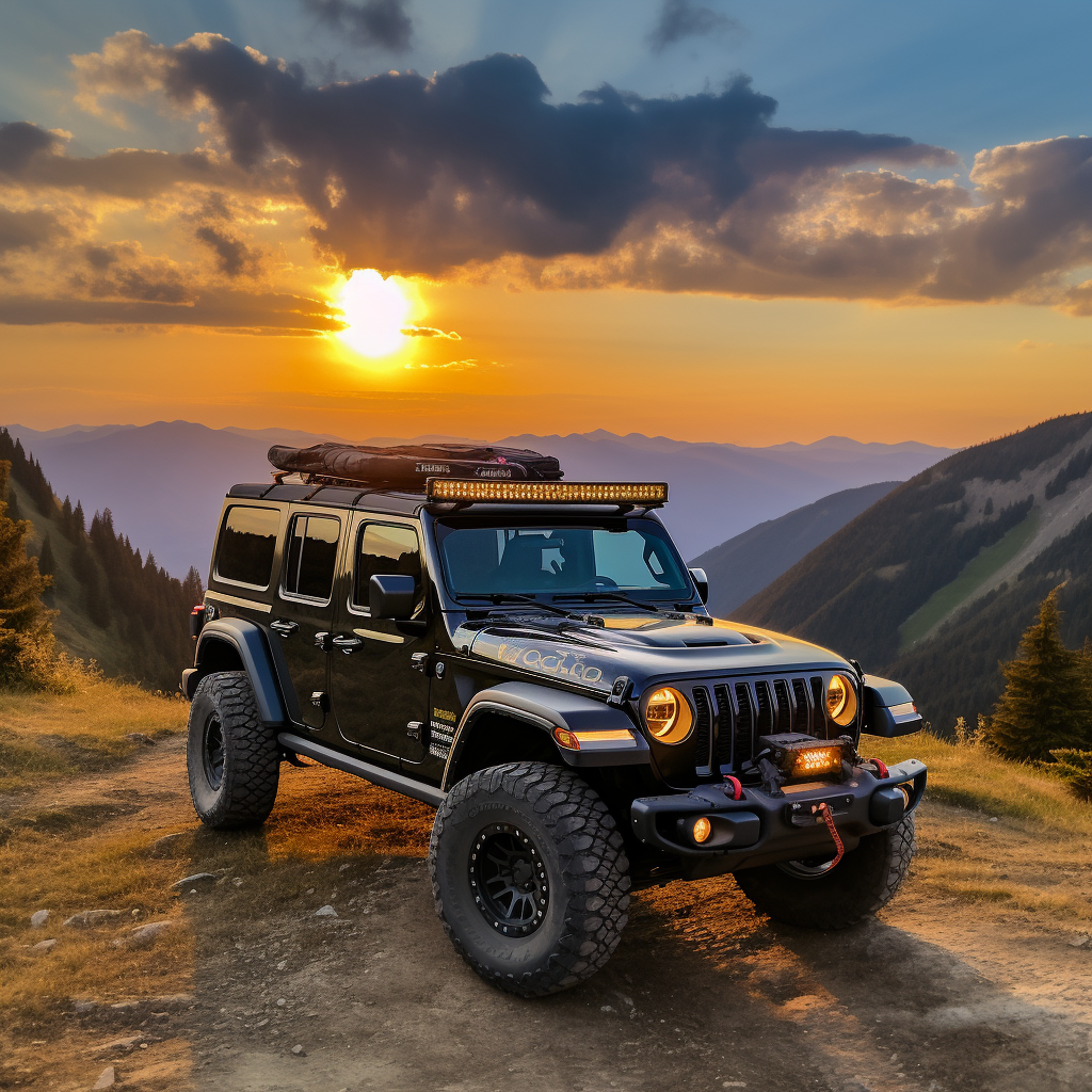 Jeep Wrangler flexed wheel base at sunset