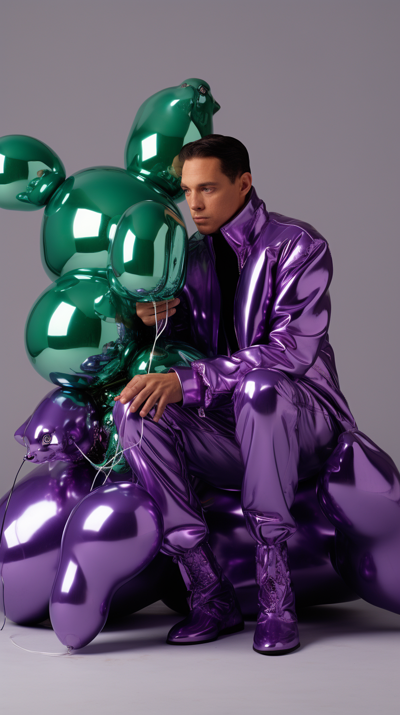 Jeff Koons in Metallic Green Jumpsuit with Balloon Dog