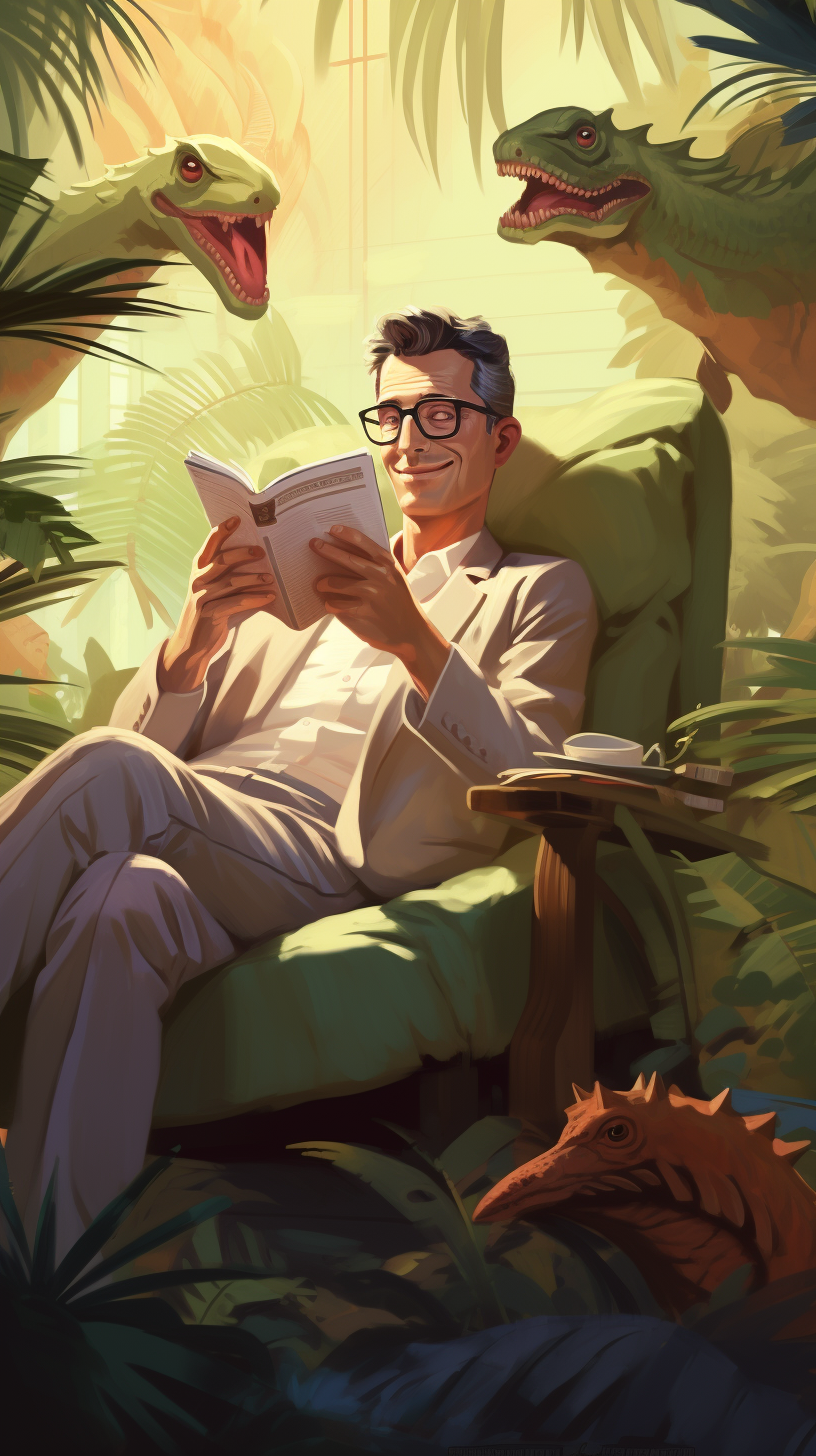 Jeff Goldblum reading with a Dino peeking