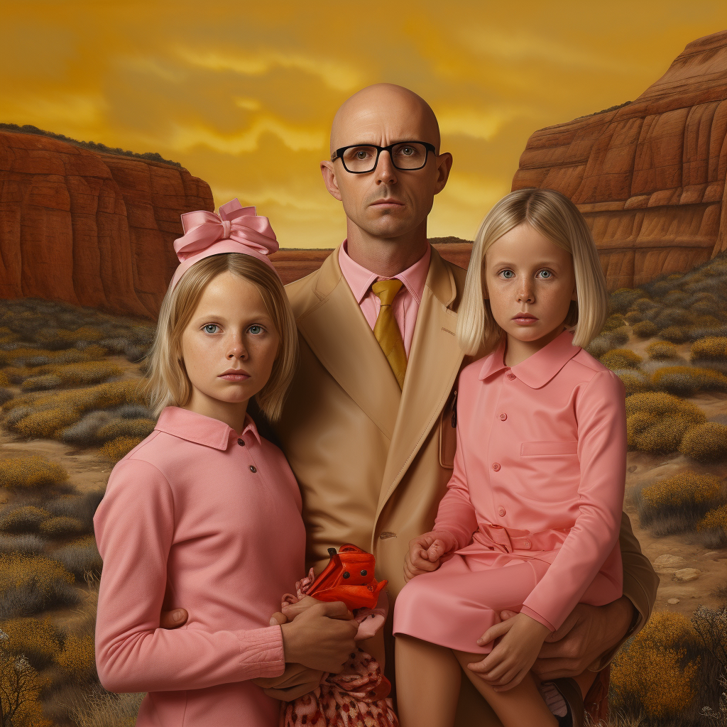 Blonde mother, bald father with glasses, two daughters in surreal setting