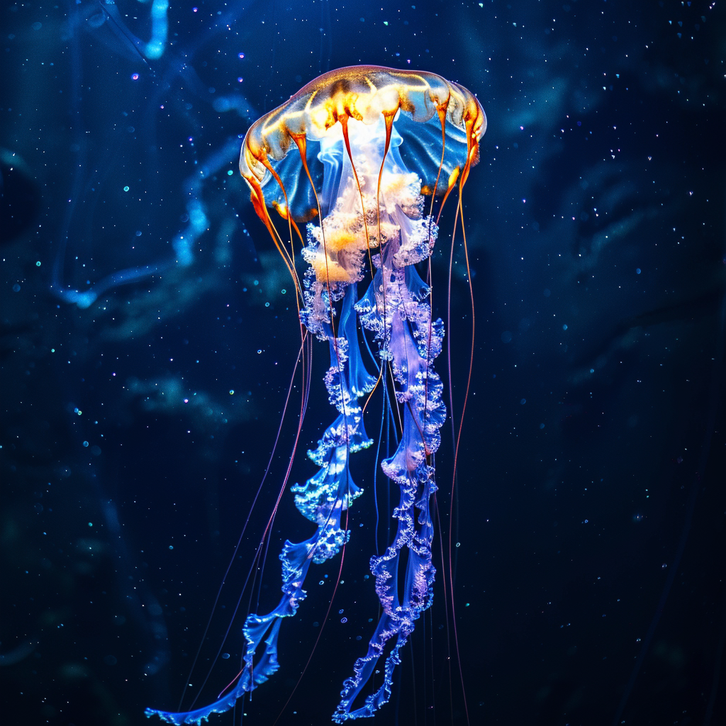 Realistic jellyfish swimming deep blue ocean