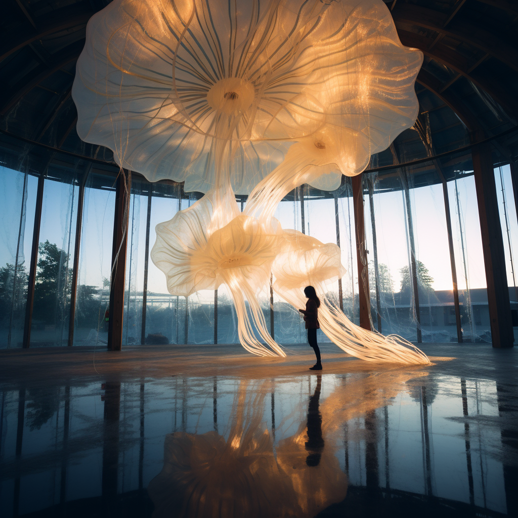 Person inside jellyfish pavilion observing water