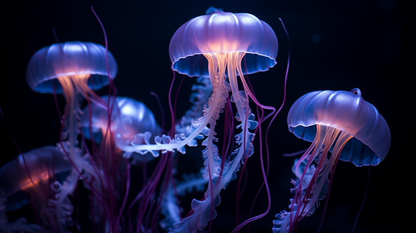 Mesmerizing macro jellyfish tentacles in dark with glowing light