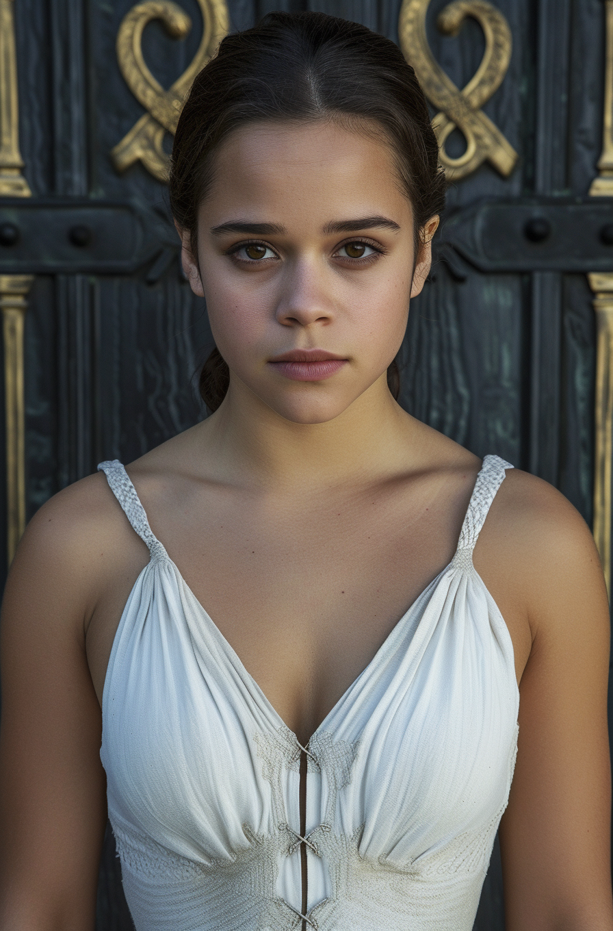 Jenna Ortega Khaleesi White Dress Black Ornate Door