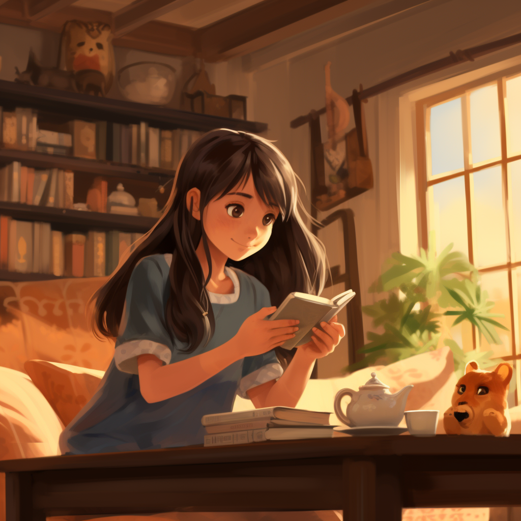 Asian girl playing smartphone at living room coffee table