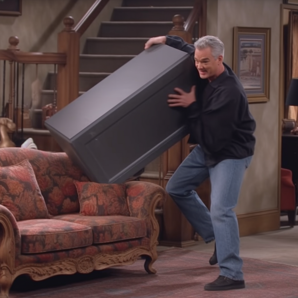 Jerome Powell as Ross from Friends moving a couch