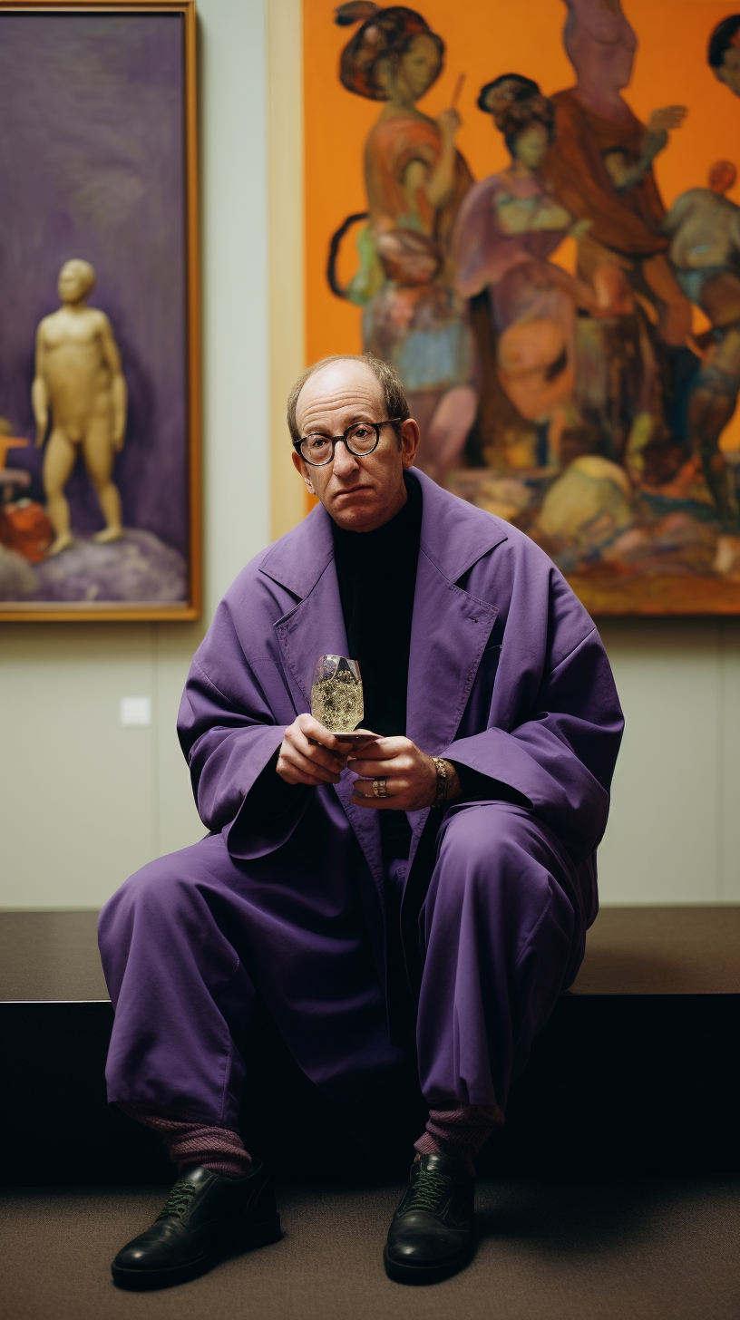 Jerry Saltz holding purple eggplant in art gallery