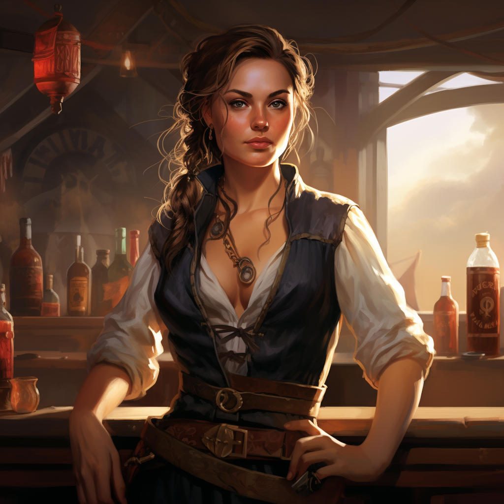 Jessica, the pirate tavern-keeper serving drinks