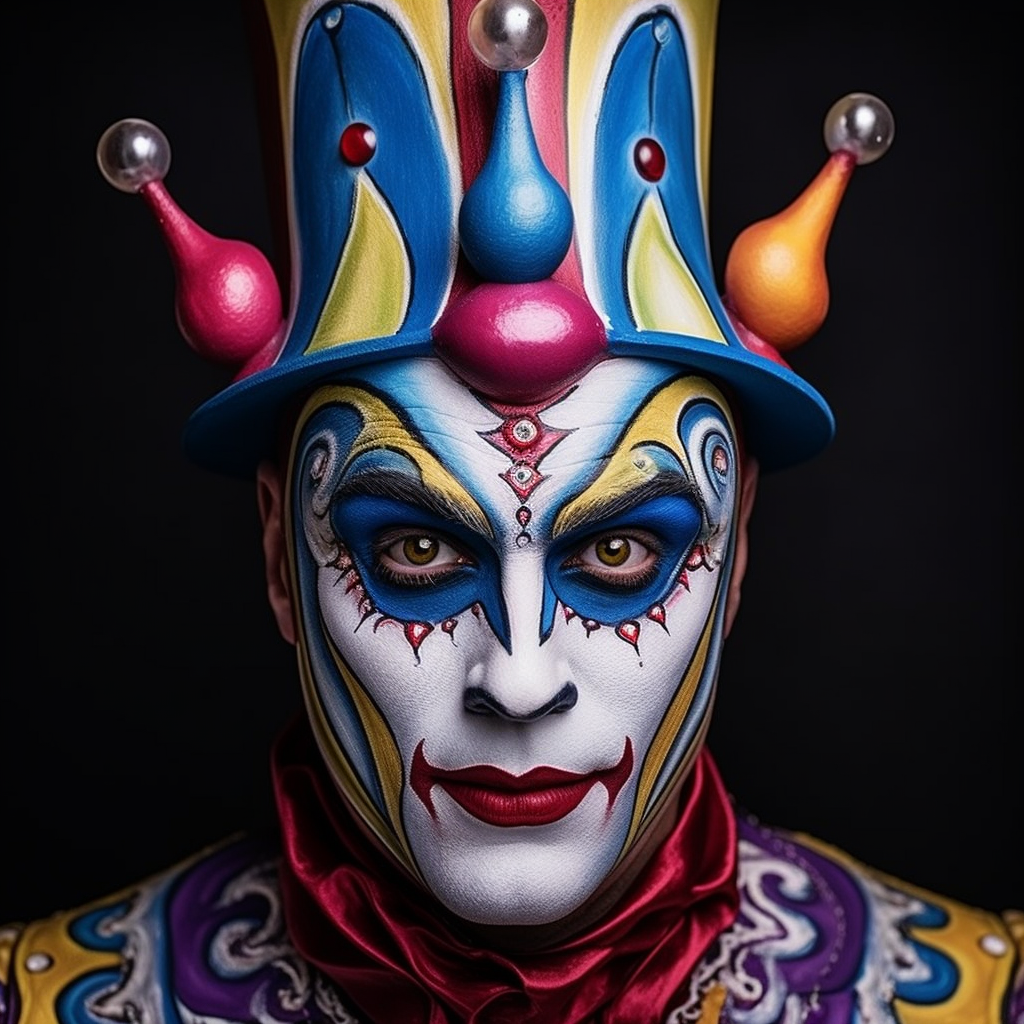 Colorful jester face paint on display