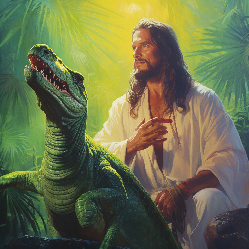 Jesus with Alligator Face Looking for Cam