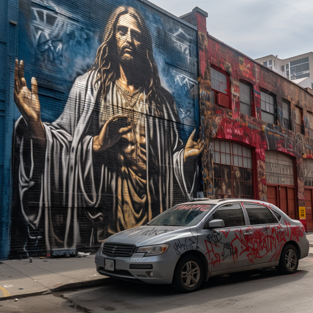 Jesus spray painting 'Pray' on downtown building.