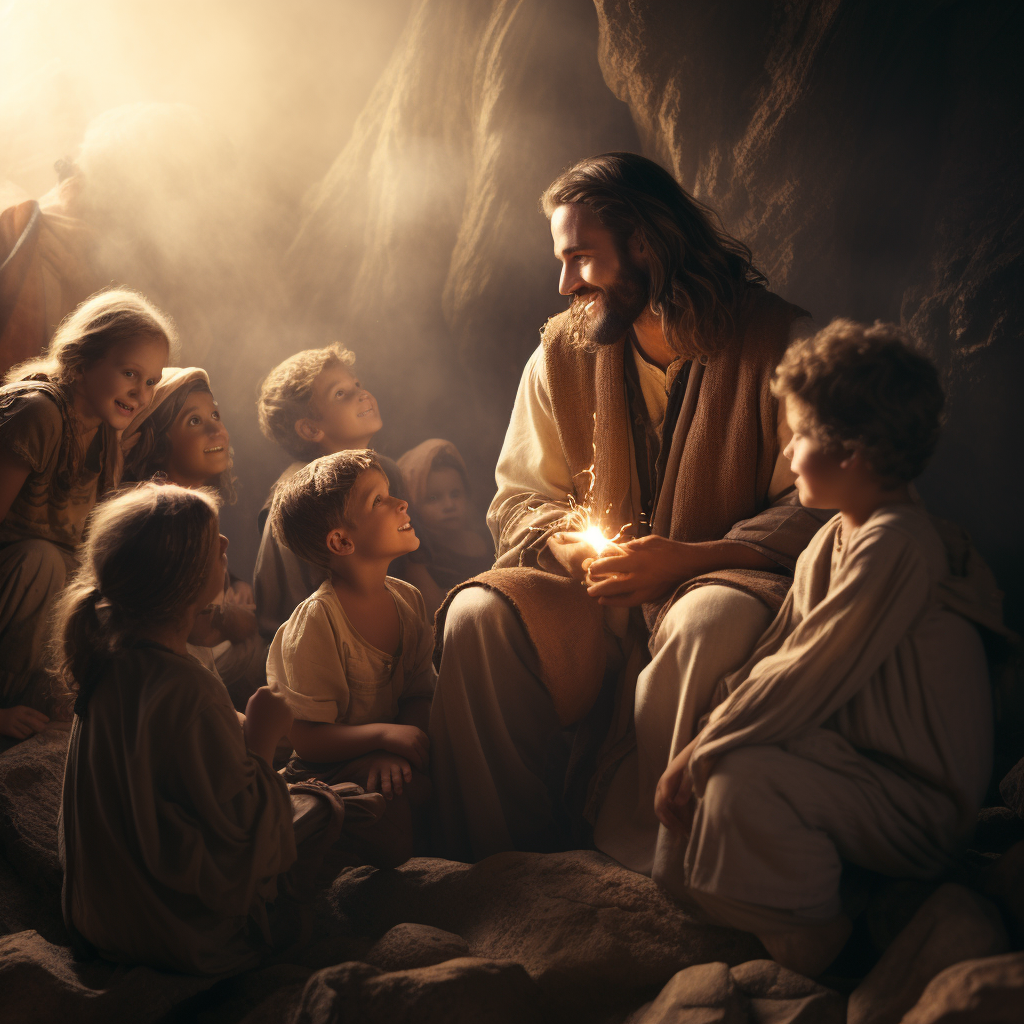 Jesus and children in mysterious atmosphere