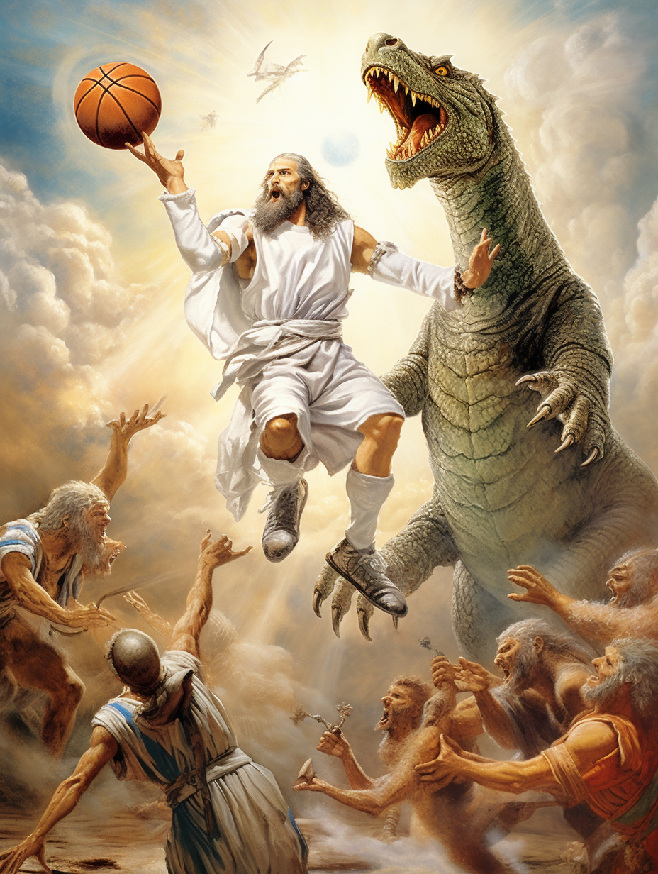 Jesus Christ dunking basketball against T-Rex and Godzilla