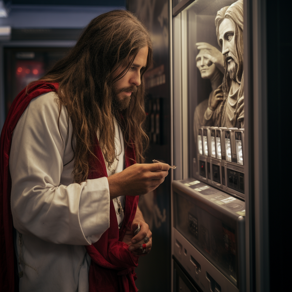 Photorealistic image of Jesus Christ drinking from a Coke vending machine