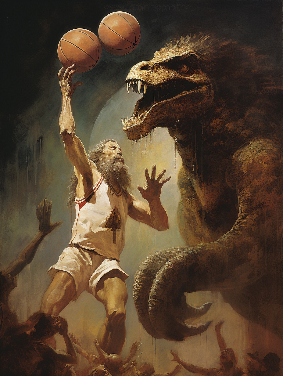 Jesus Christ dunking basketball in Salvador Dali painting